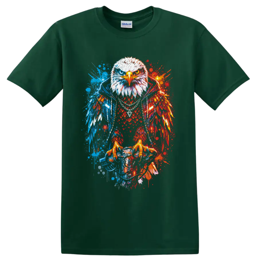 Fierce bald eagle with split red and blue graffiti splatter wings on a Forest Green T Shirt