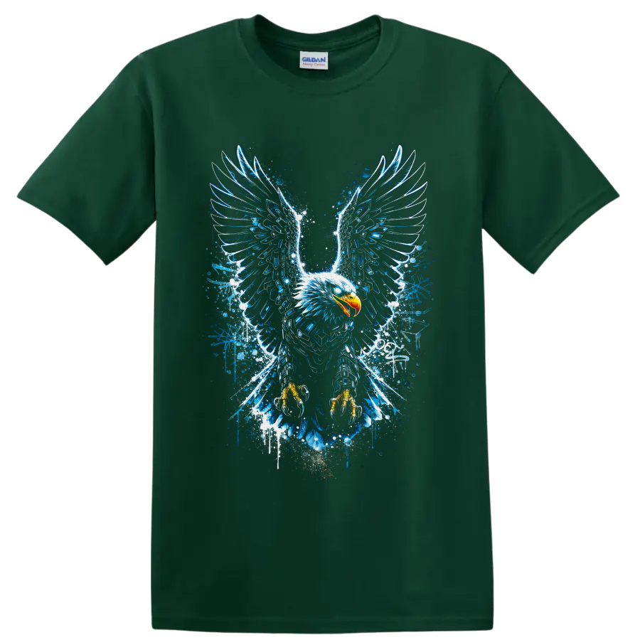 Bald eagle with electric blue grunge wings, splatters, and golden talons on a Forest Green T Shirt