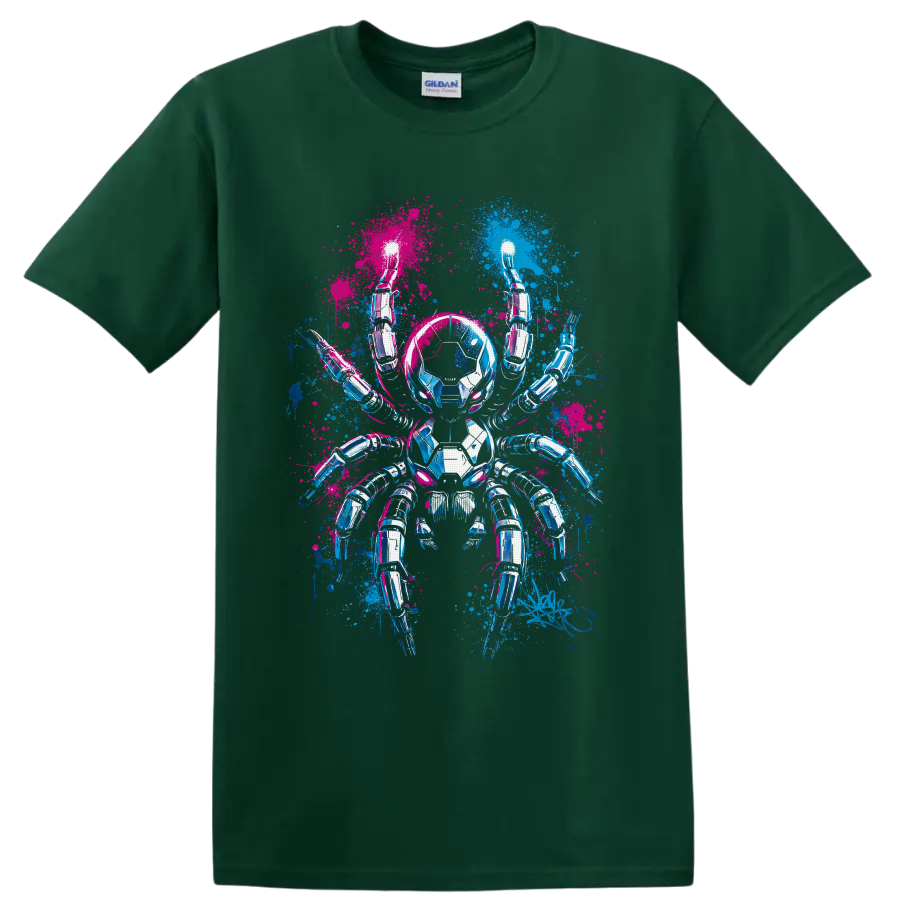 Chrome cyberpunk robotic spider with electric blue and hot pink paint splashes on a Forest Green T Shirt