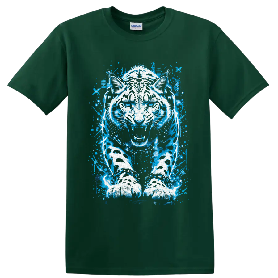 White tiger in headphones with neon blue graffiti-style splatter artwork on a Forest Green T Shirt