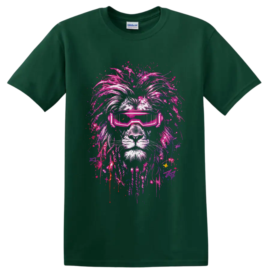 Cyberpunk lion portrait with neon pink visor and paint-splattered graffiti mane on a Forest Green T Shirt