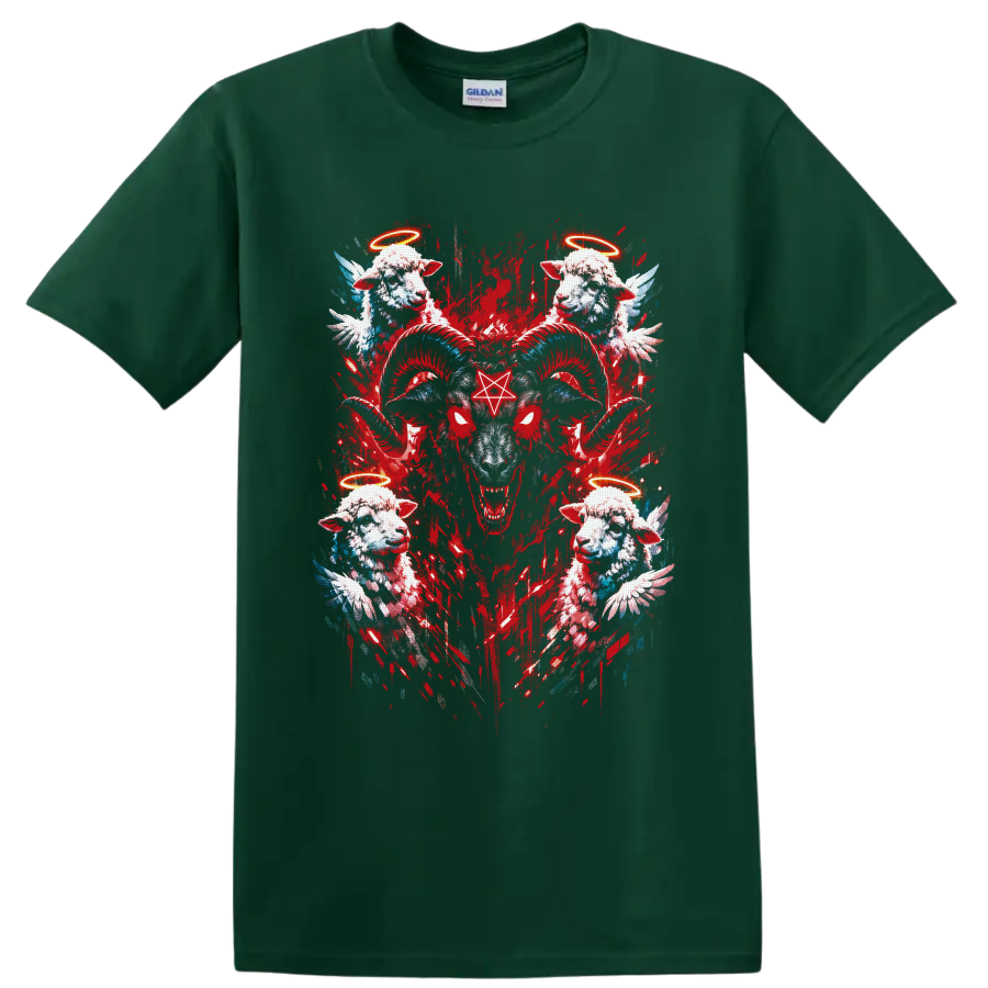 Gothic horned ram with pentagram, angel lambs, halos, wings, and red grunge art on a Forest Green T Shirt