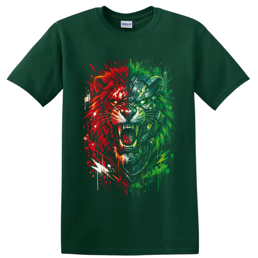 Roaring cyborg lion in red and green glitch graffiti art on a Forest Green T Shirt