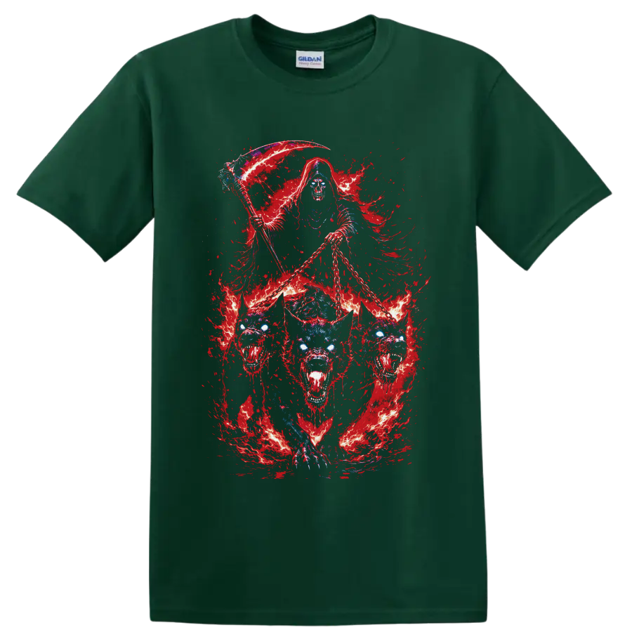 Grim reaper with scythe and chains above a fiery three-headed hellhound on a Forest Green T Shirt
