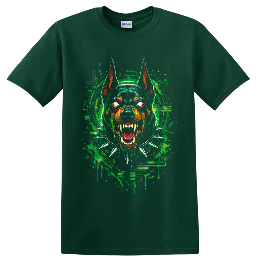 Angry bulldog in headphones and spiked collar with distressed graffiti art on a Forest Green T Shirt