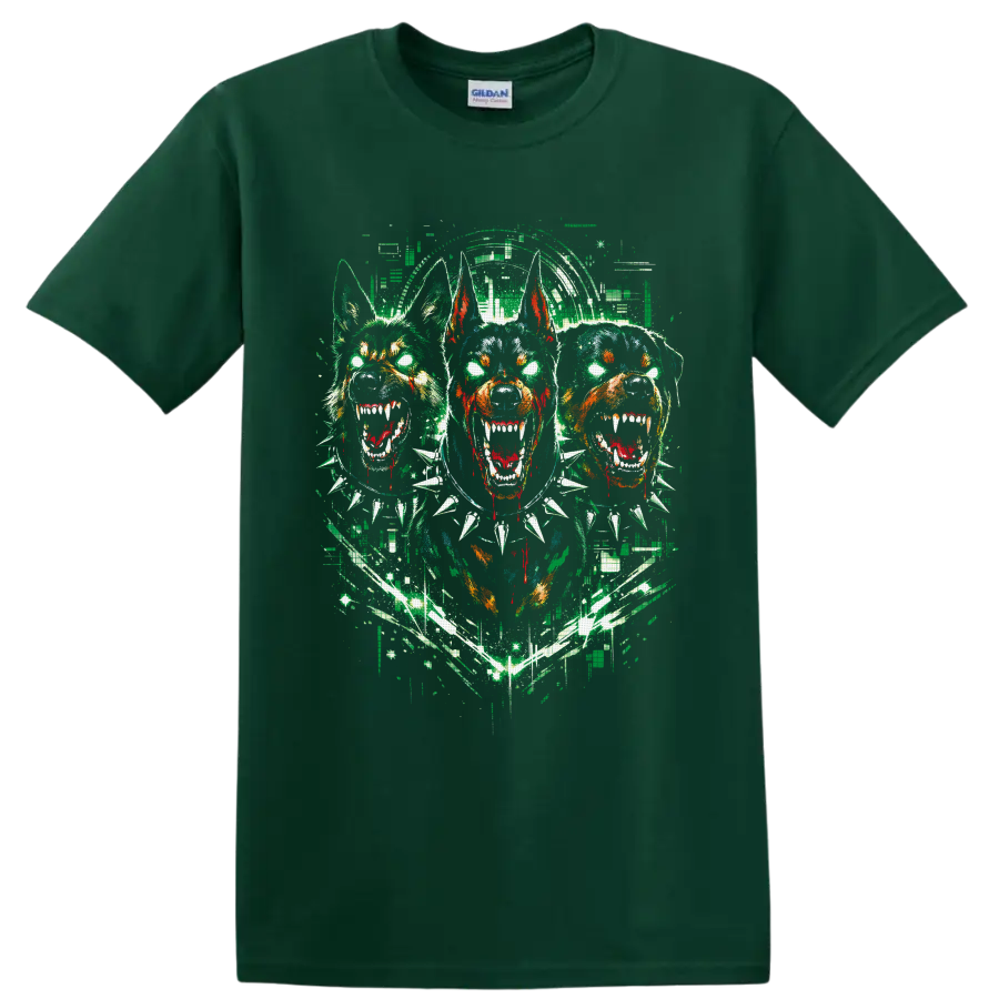Three snarling Doberman-style dogs in distressed gothic horror street art on a Forest Green T Shirt