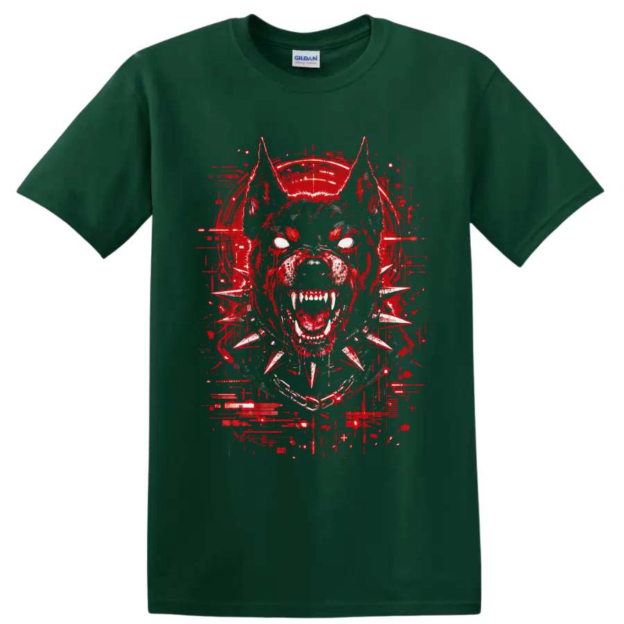 Snarling cyberpunk bulldog with white eyes, fangs, spiked collar, and red glitch art on a Forest Green T Shirt