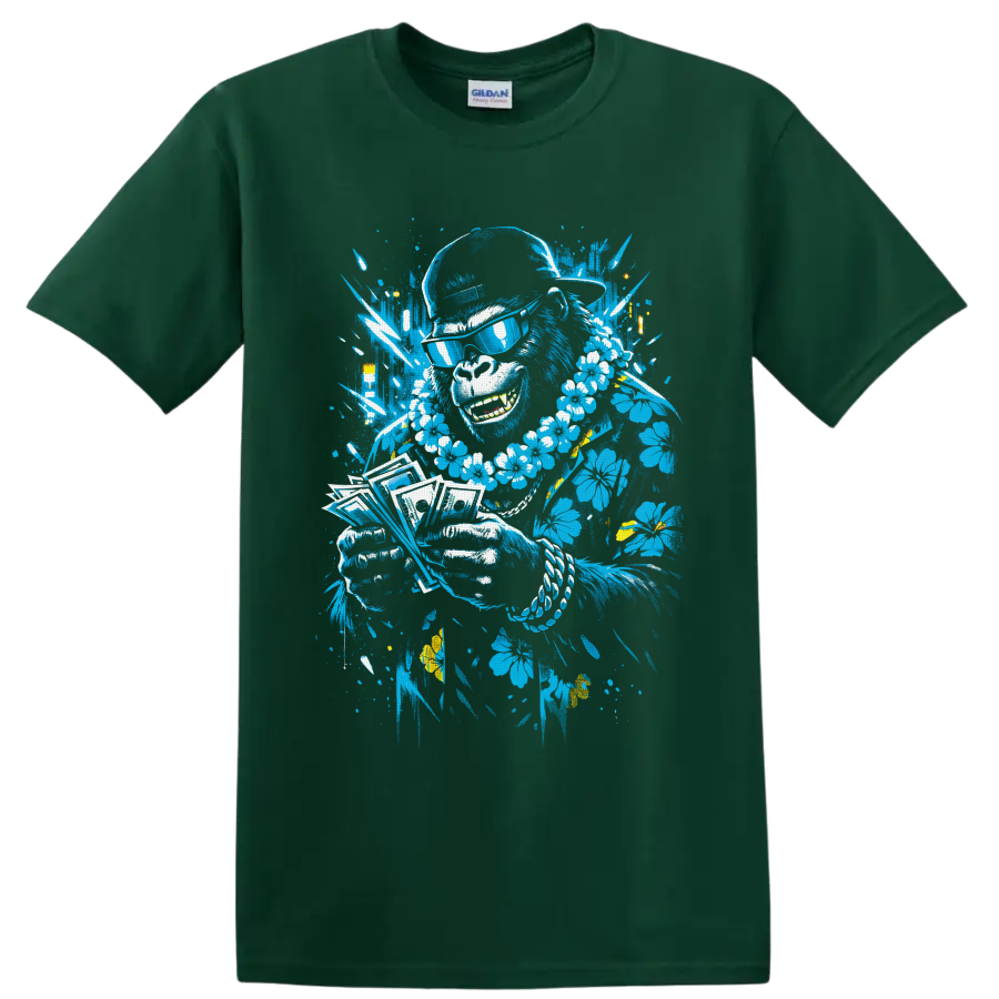 Tropical musician portrait with sunglasses, flower lei, playing cards, and paint splatters on a Forest Green T Shirt
