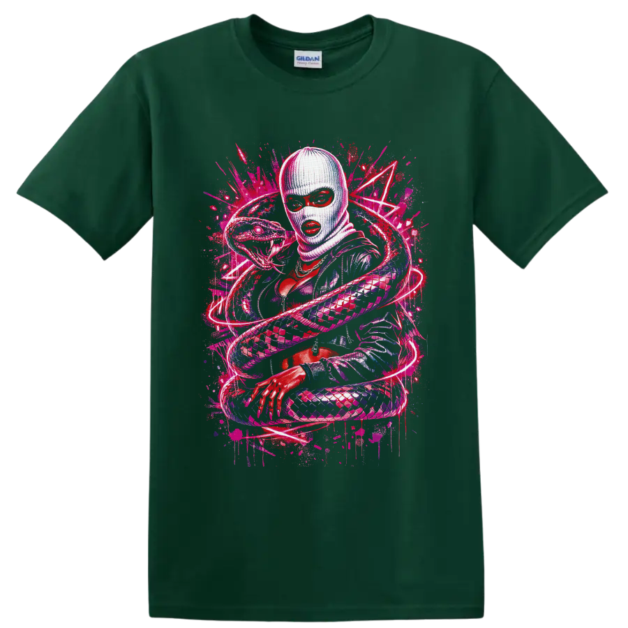 Neon graffiti illustration of a masked woman surrounded by a coiling fanged snake on a Forest Green T Shirt