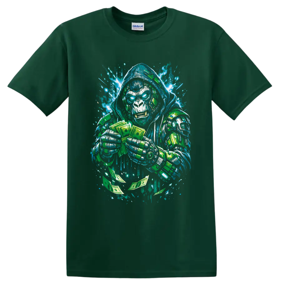 Hooded cyberpunk gorilla with robotic armor, cash, and blaster in graffiti art on a Forest Green T Shirt