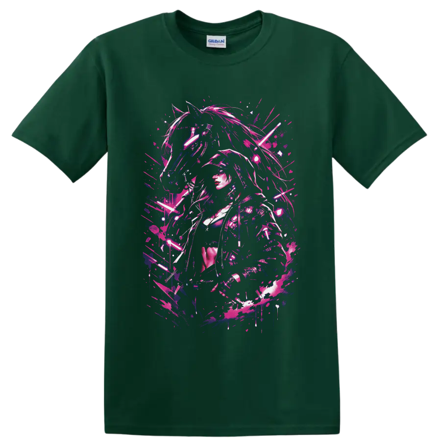 Cyberpunk female warrior and mechanical horse in neon pink and blue glitch art on a Forest Green T Shirt
