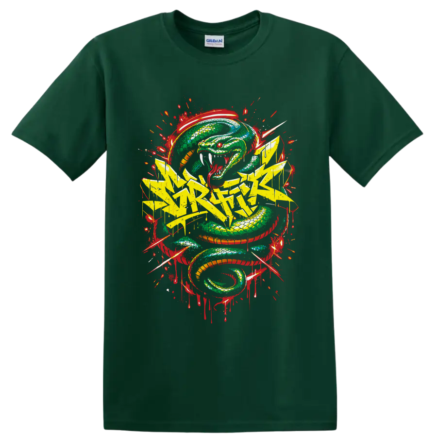 Fierce coiled green serpent with yellow graffiti lettering and red splatter street art on a Forest Green T Shirt