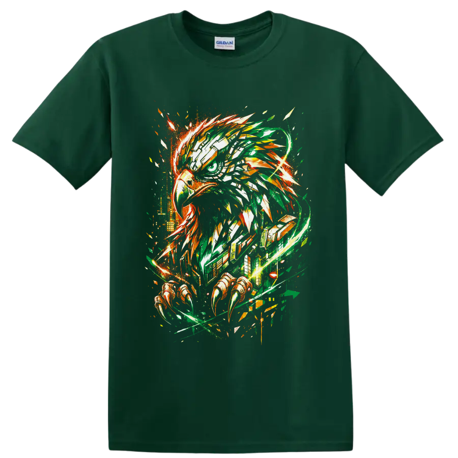 Abstract eagle head with talons in green and orange graffiti-style splatter art on a Forest Green T Shirt