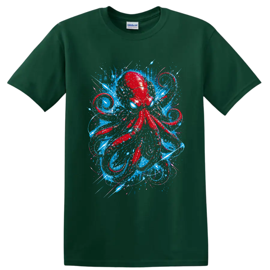 Red octopus with blue eyes in a graffiti-style ocean splash design on a Forest Green T Shirt