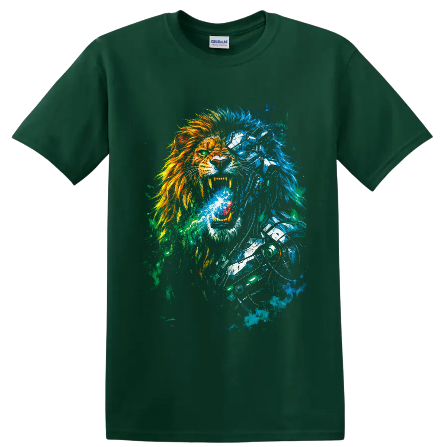 Roaring cyborg lion with fiery mane, blue robotic armor, and cyberpunk paint splatter on a Forest Green T Shirt