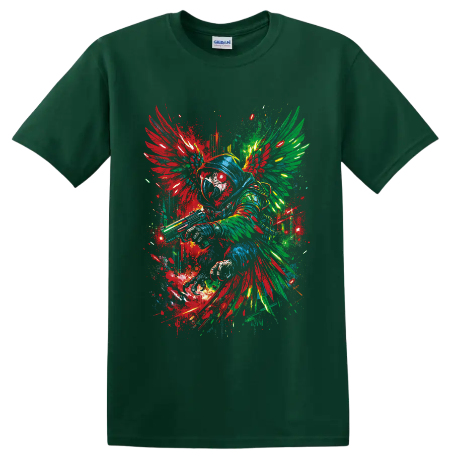 Hooded winged warrior in colorful fantasy graffiti art with paint splatters on a Forest Green T Shirt