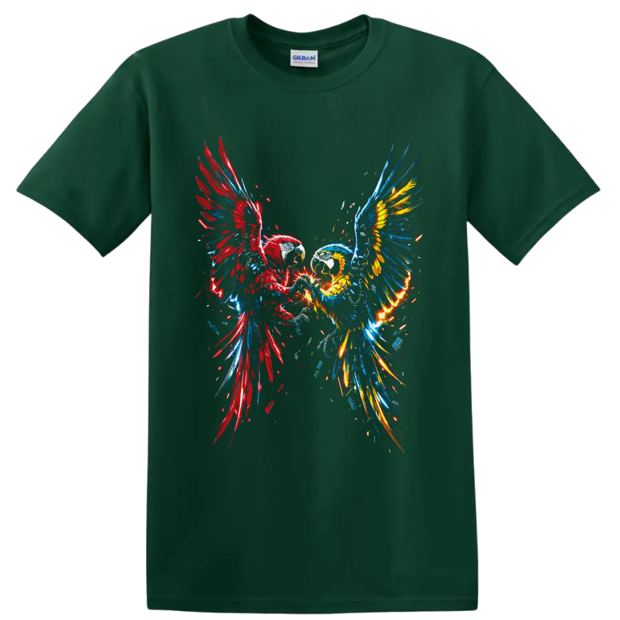 Two bald eagles with red, blue, and gold fire wings in explosive graffiti art on a Forest Green T Shirt