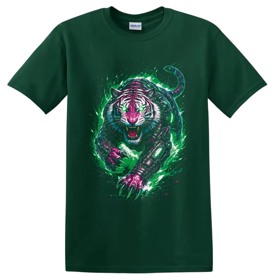 Neon graffiti-style cyberpunk robotic tiger roaring with glowing eyes and extended claws on a Forest Green T Shirt