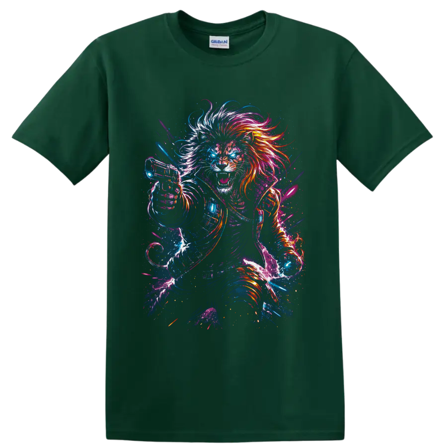 Roaring cyberpunk lion warrior with neon mane, armor, glowing eyes, and sci fi blaster on a Forest Green T Shirt