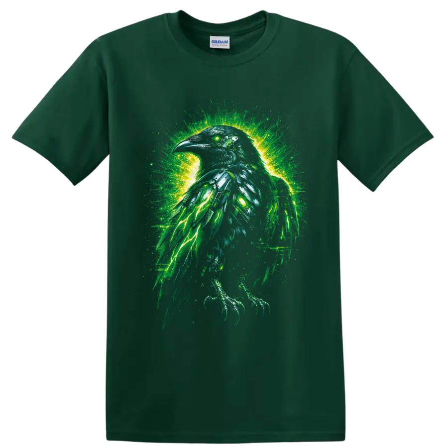 Gothic fantasy raven with glowing green eye, teal feathers, and electric lightning on a Forest Green T Shirt