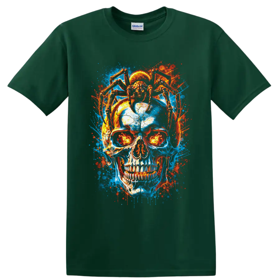 Neon blue and fiery red cracked skull with skeletal spider legs and glowing eyes on a Forest Green T Shirt