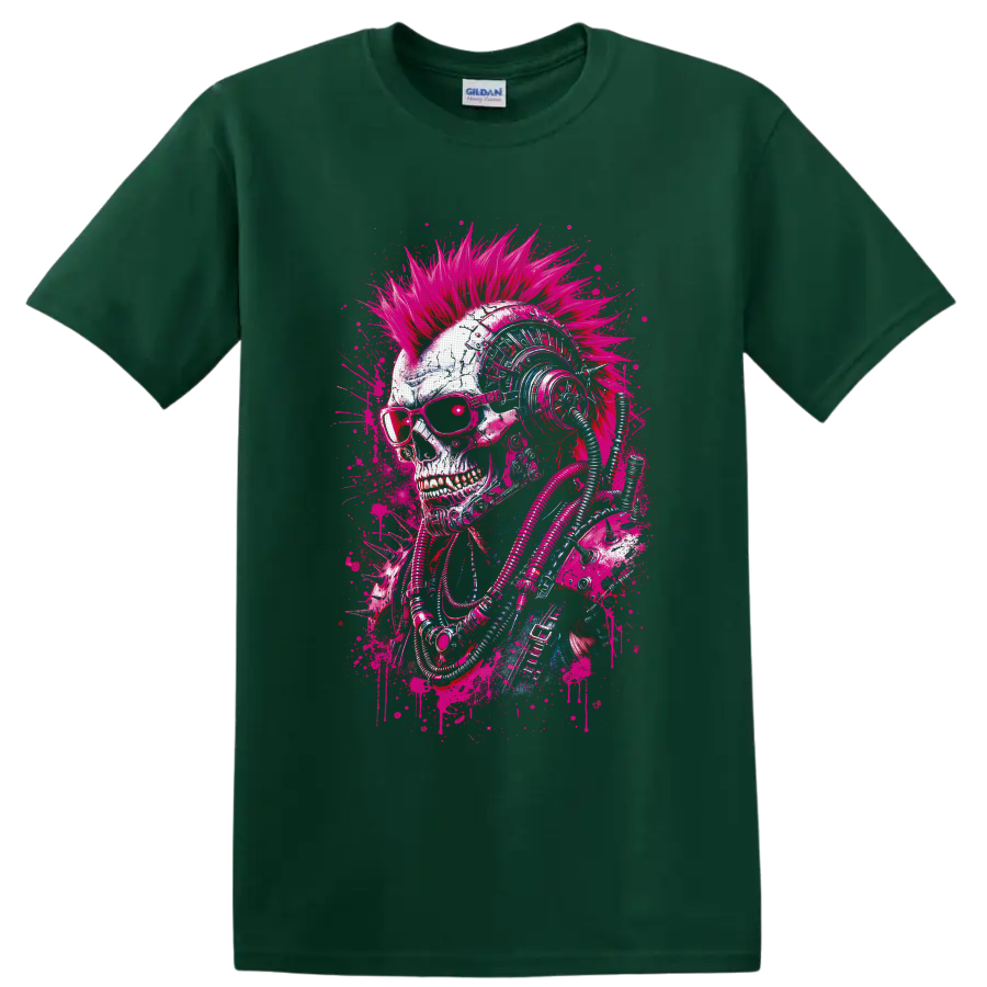 Cyberpunk skull with neon mohawk, sunglasses, futuristic headphones, and cables on a Forest Green T Shirt