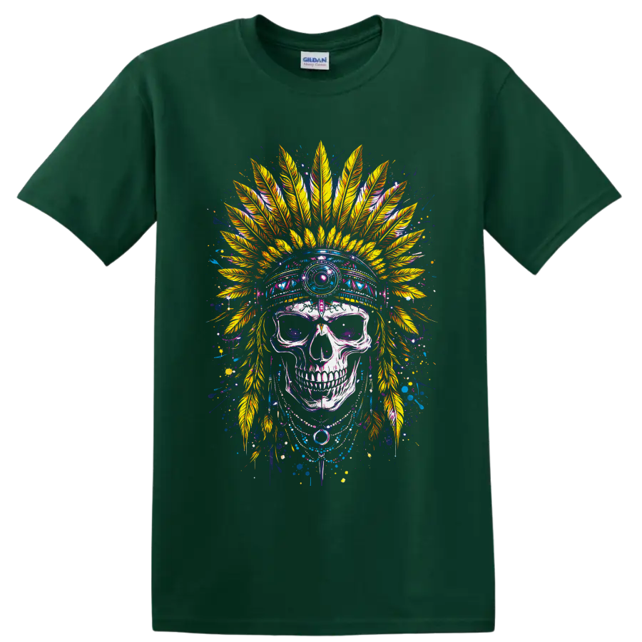 Colorful gothic skull illustration with ornate golden feather headdress and paint on a Forest Green T Shirt