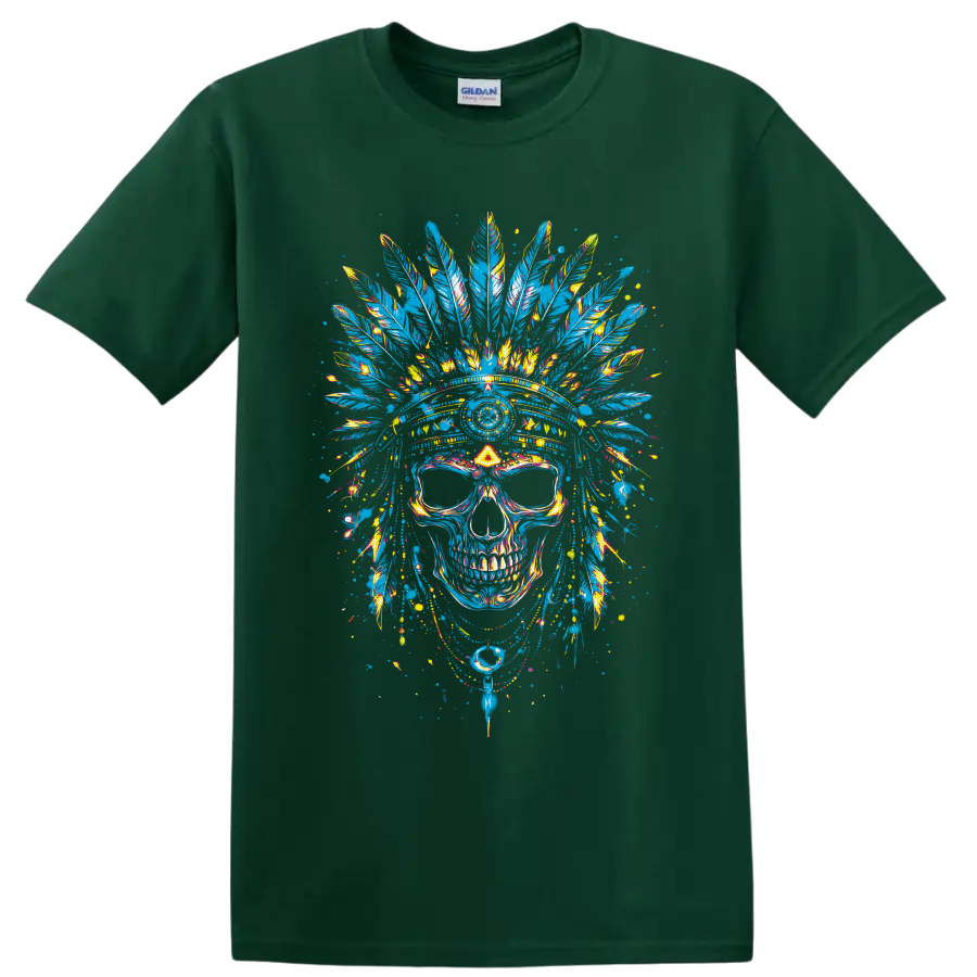 Colorful skull with feather headdress in vivid graffiti splatter art on a Forest Green T Shirt