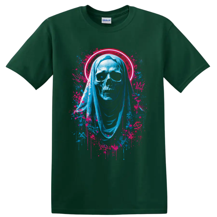 Neon blue hooded Grim Reaper skull with hot-pink halo and graffiti paint splatters on a Forest Green T Shirt