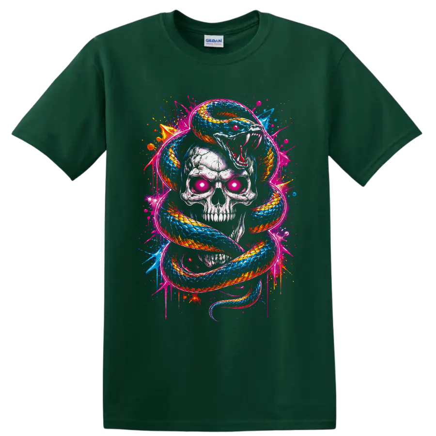 Neon graffiti-style skull with glowing pink eyes wrapped in a blue and orange snake on a Forest Green T Shirt
