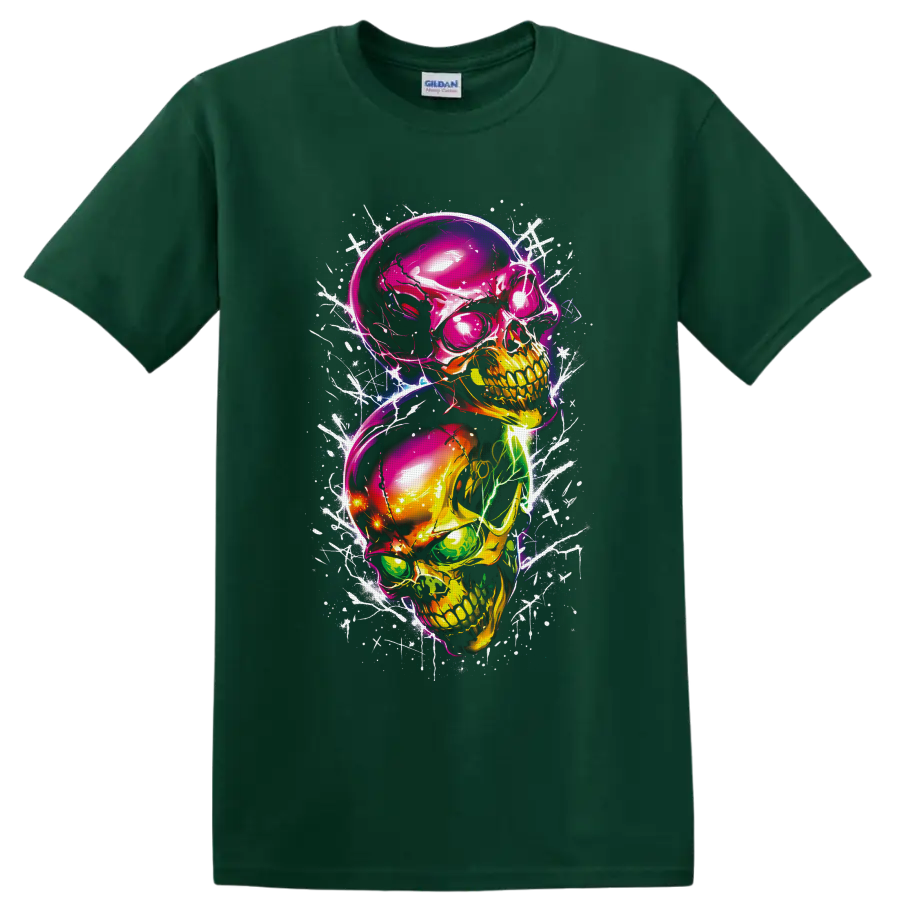 Two stacked neon skulls in glossy gothic graffiti art with white scratch and splatter on a Forest Green T Shirt