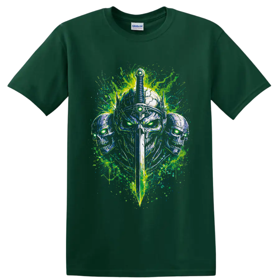 Cyberpunk armored skull warrior with sword, glowing green eyes, and paint splatters on a Forest Green T Shirt