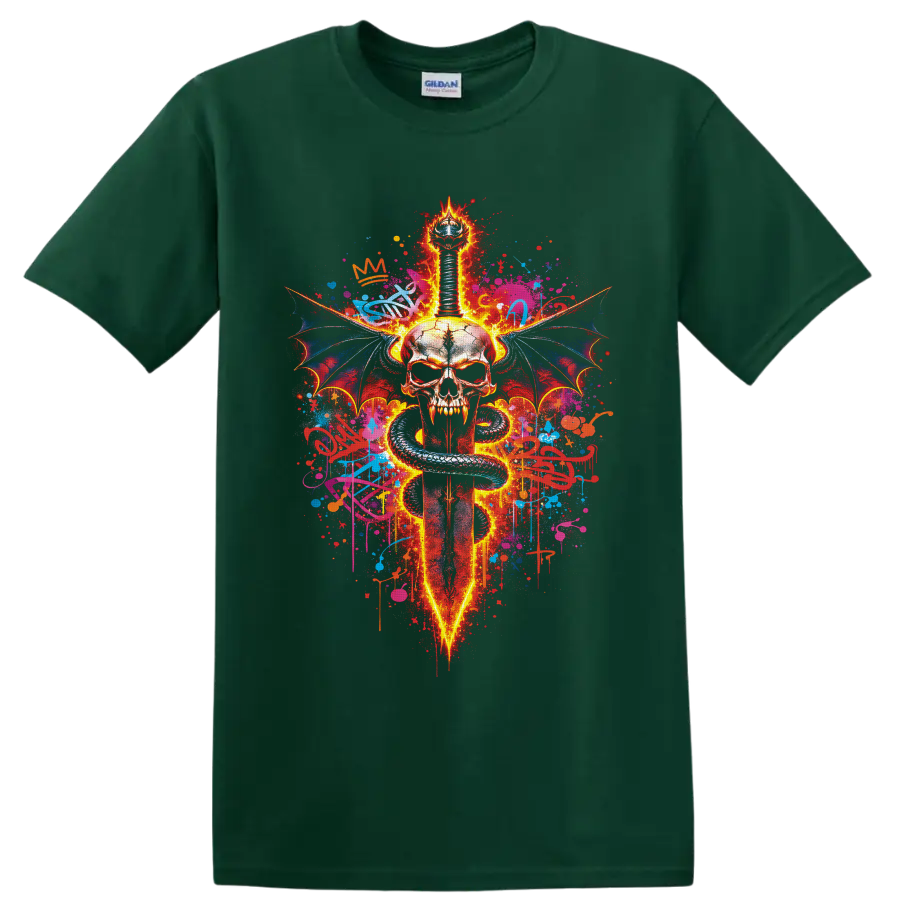 Fiery gothic skull with sword, coiled serpent, bat wings, and graffiti splatters on a Forest Green T Shirt