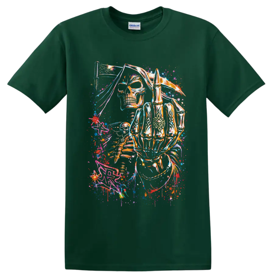 Neon grim reaper skeleton with scythe in cosmic graffiti art on a Forest Green T Shirt