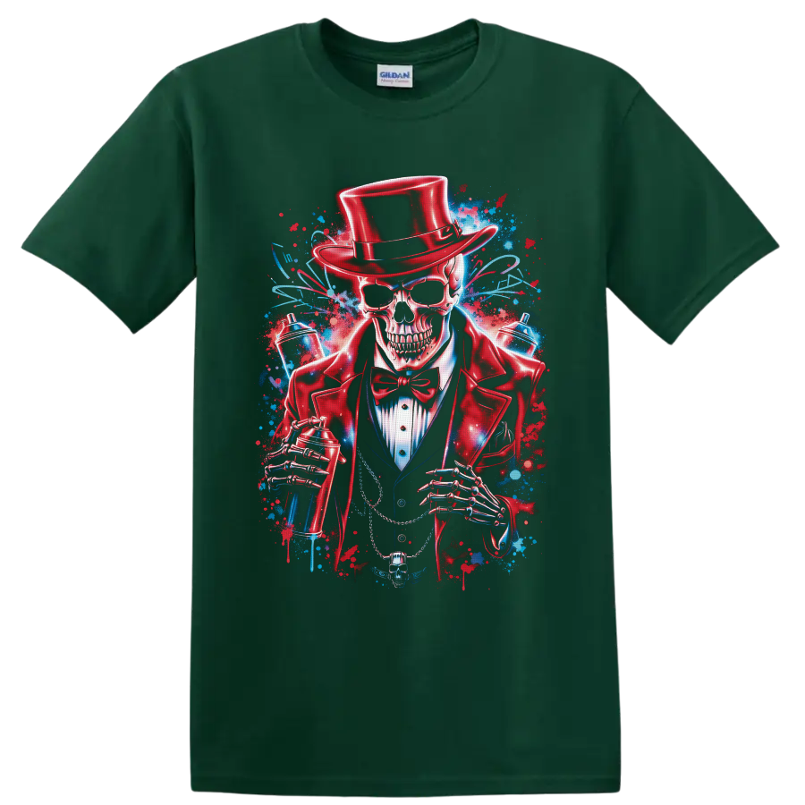 Top-hatted skeleton gentleman with spray cans in vivid red and blue graffiti art on a Forest Green T Shirt