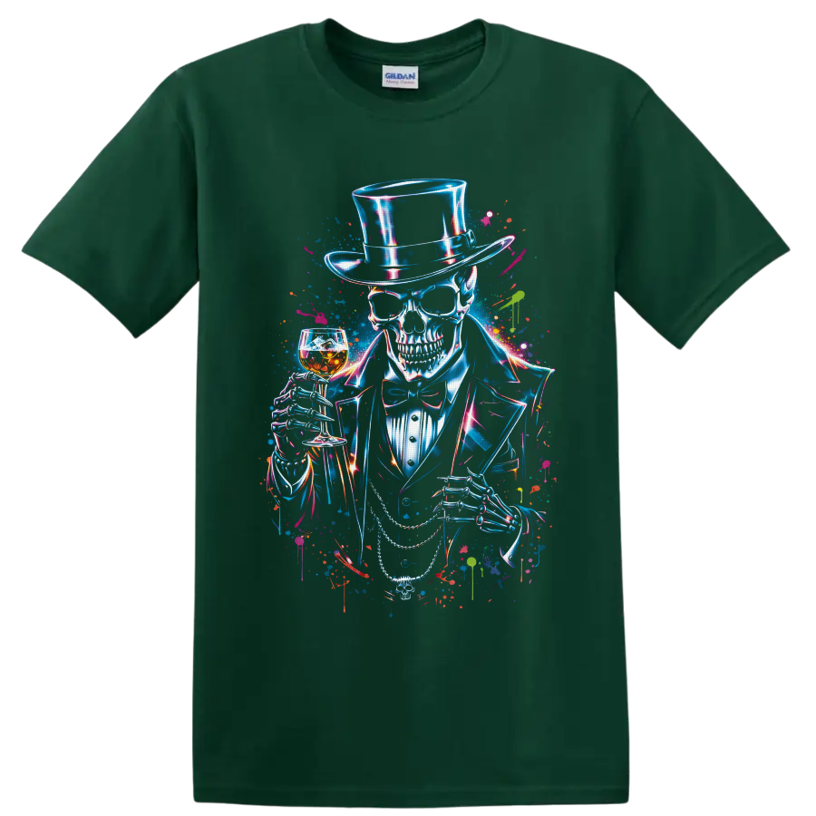 Neon gothic skeleton in top hat holding whiskey glass and cane splatter art on a Forest Green T Shirt