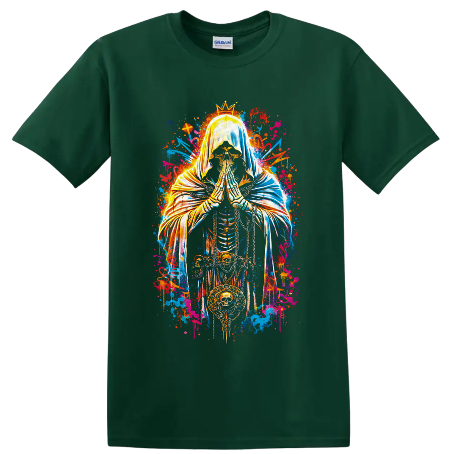 Crowned praying skeleton with skull medallion in neon gothic graffiti art on a Forest Green T Shirt