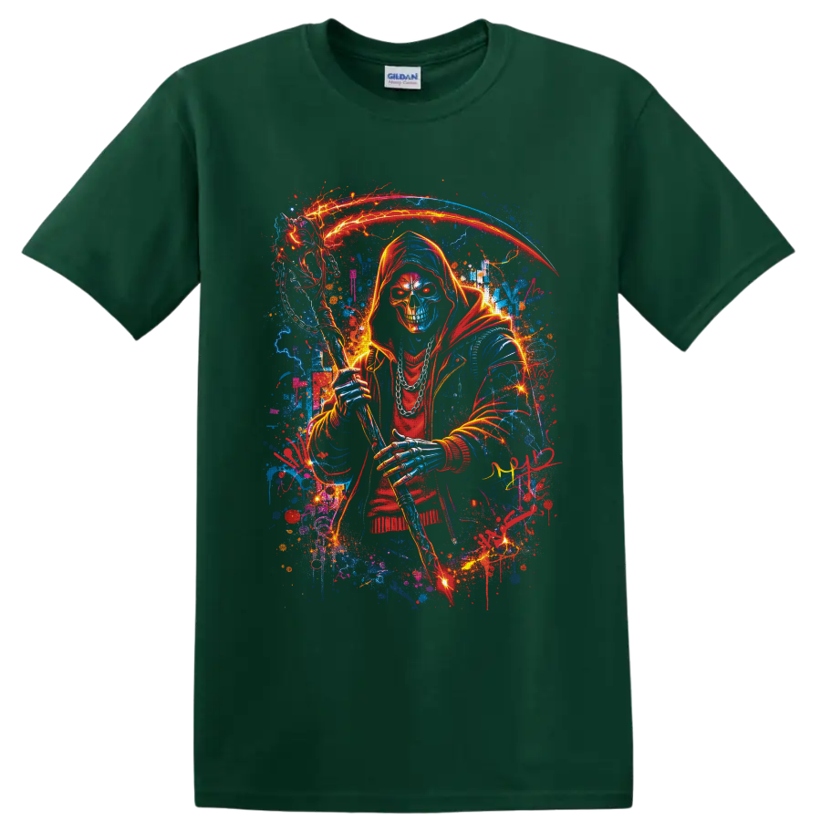 Neon hooded Grim Reaper skull holding a glowing scythe amid lightning and paint splatters on a Forest Green T Shirt