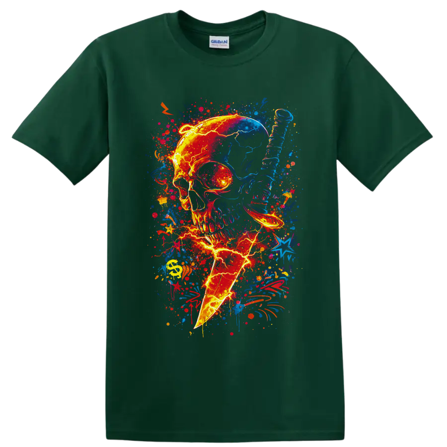 Neon skull pierced by lightning bolt with vibrant graffiti splatters and stars on a Forest Green T Shirt