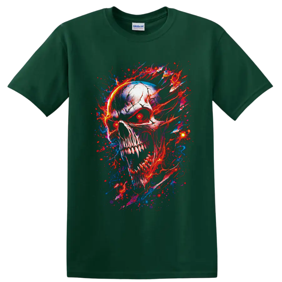 Cracked horror skull with glowing red eyes and red-blue lightning splatter art on a Forest Green T Shirt