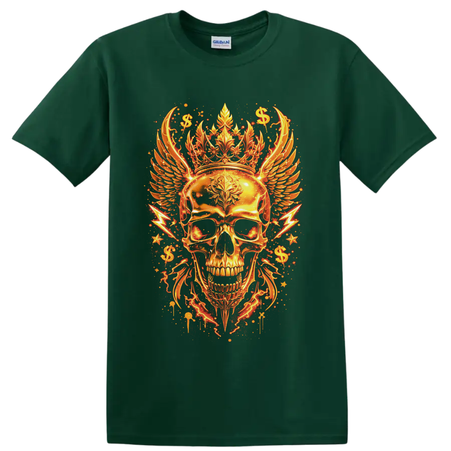 Golden crowned skull with feathered wings, dollar signs, stars, and lightning on a Forest Green T Shirt
