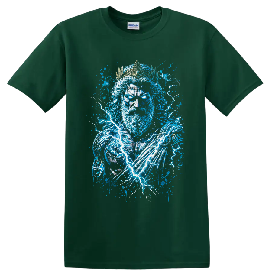 Zeus-inspired crowned lightning god in electric blue storm graffiti art on a Forest Green T Shirt