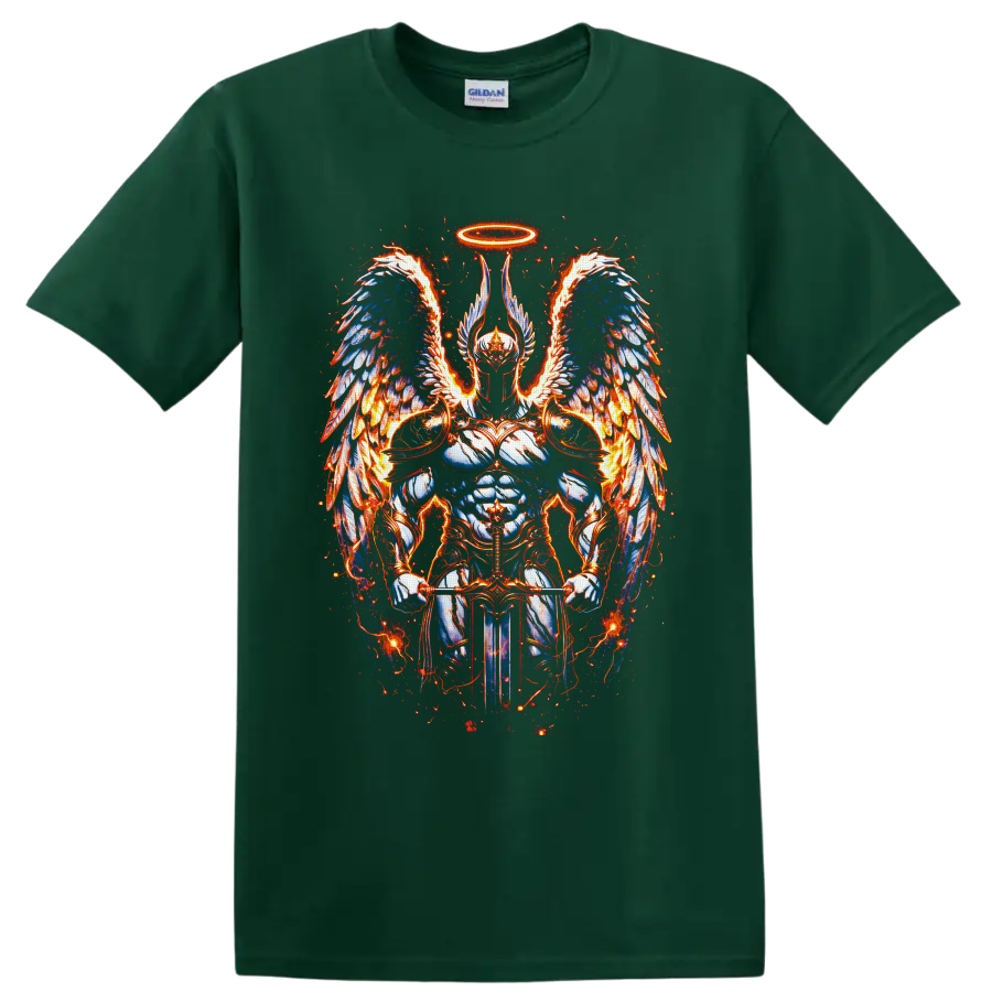 Armored angelic warrior with halo, fiery blue feathered wings, and sword fantasy art on a Forest Green T Shirt
