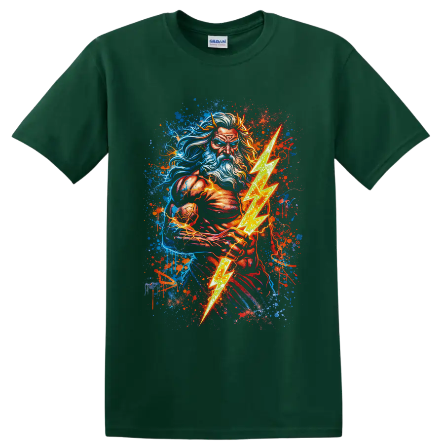 Bearded thunder god warrior holding a glowing lightning bolt in vibrant graffiti art on a Forest Green T Shirt
