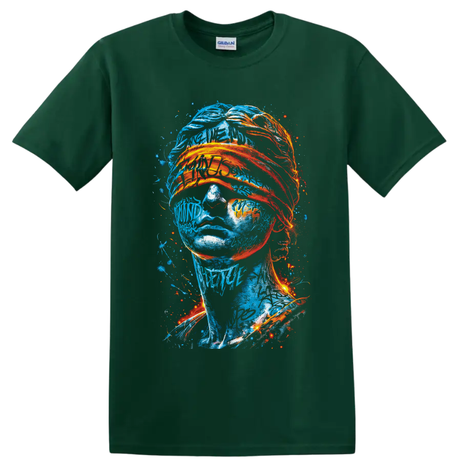 Abstract blue portrait with fiery orange wrapped fabric and neon graffiti splatters on a Forest Green T Shirt