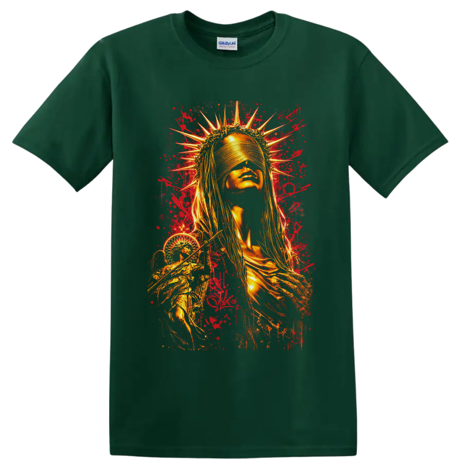Golden blindfolded crowned woman with graffiti splatters and winged liberty-inspired on a Forest Green T Shirt