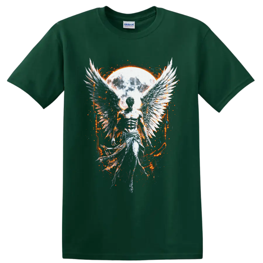 Fallen angel with feathered wings before a glowing moon in gothic fantasy art on a Forest Green T Shirt