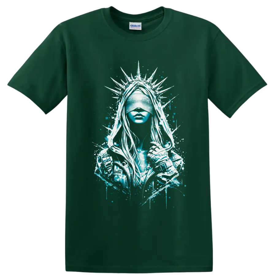Blindfolded crowned warrior woman in teal gothic splatter art with spiked halo on a Forest Green T Shirt