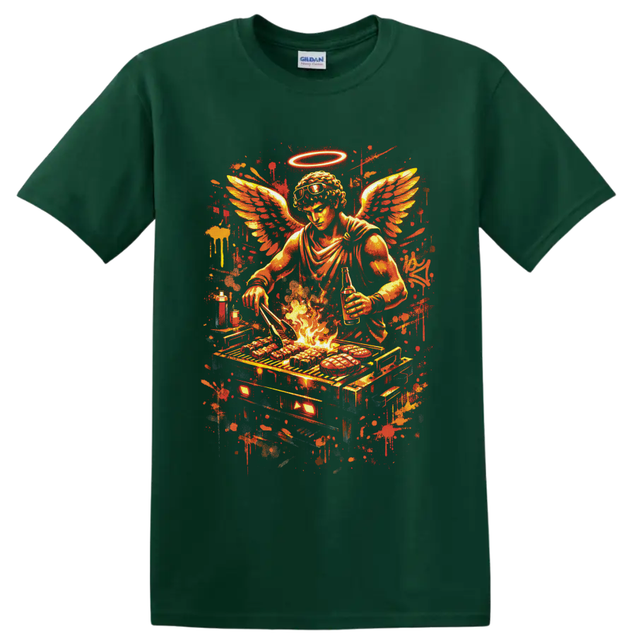 Fiery winged angel chef grilling over flames with halo, sunglasses, and paint splatters on a Forest Green T Shirt