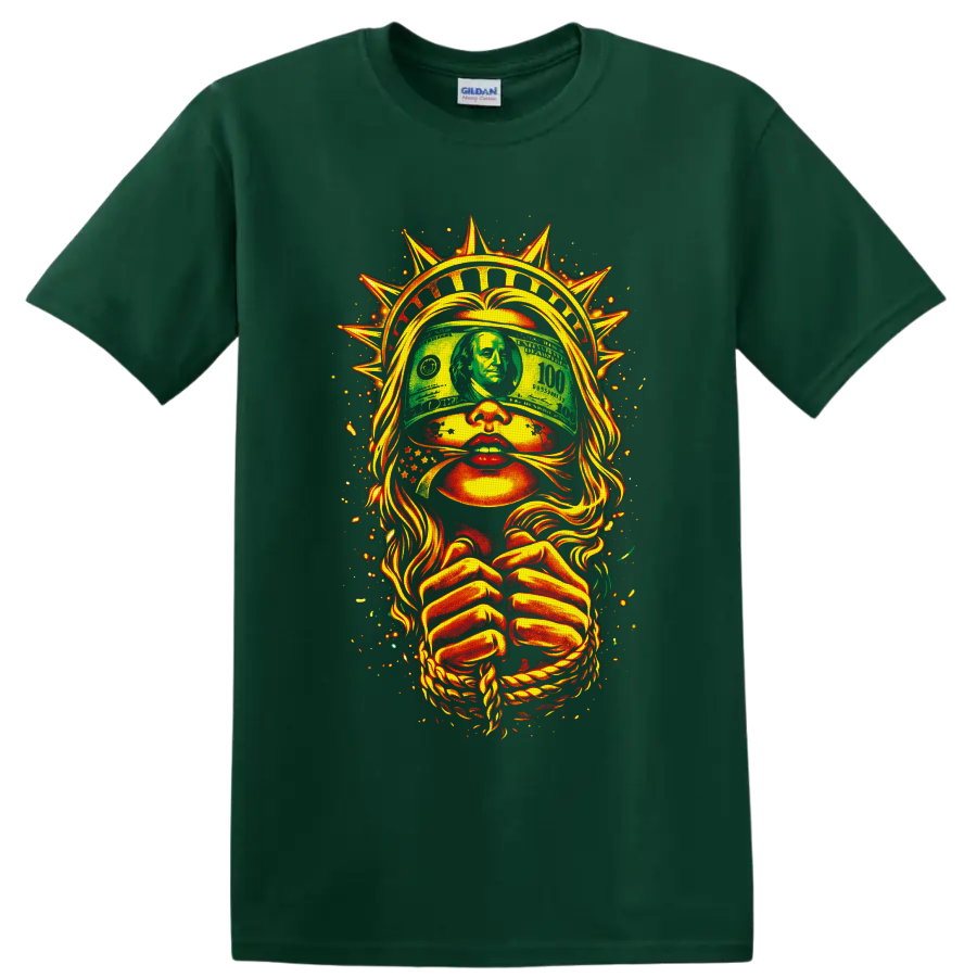 Blindfolded liberty lady with dollar bill, spiked crown, rope, and fiery street art on a Forest Green T Shirt
